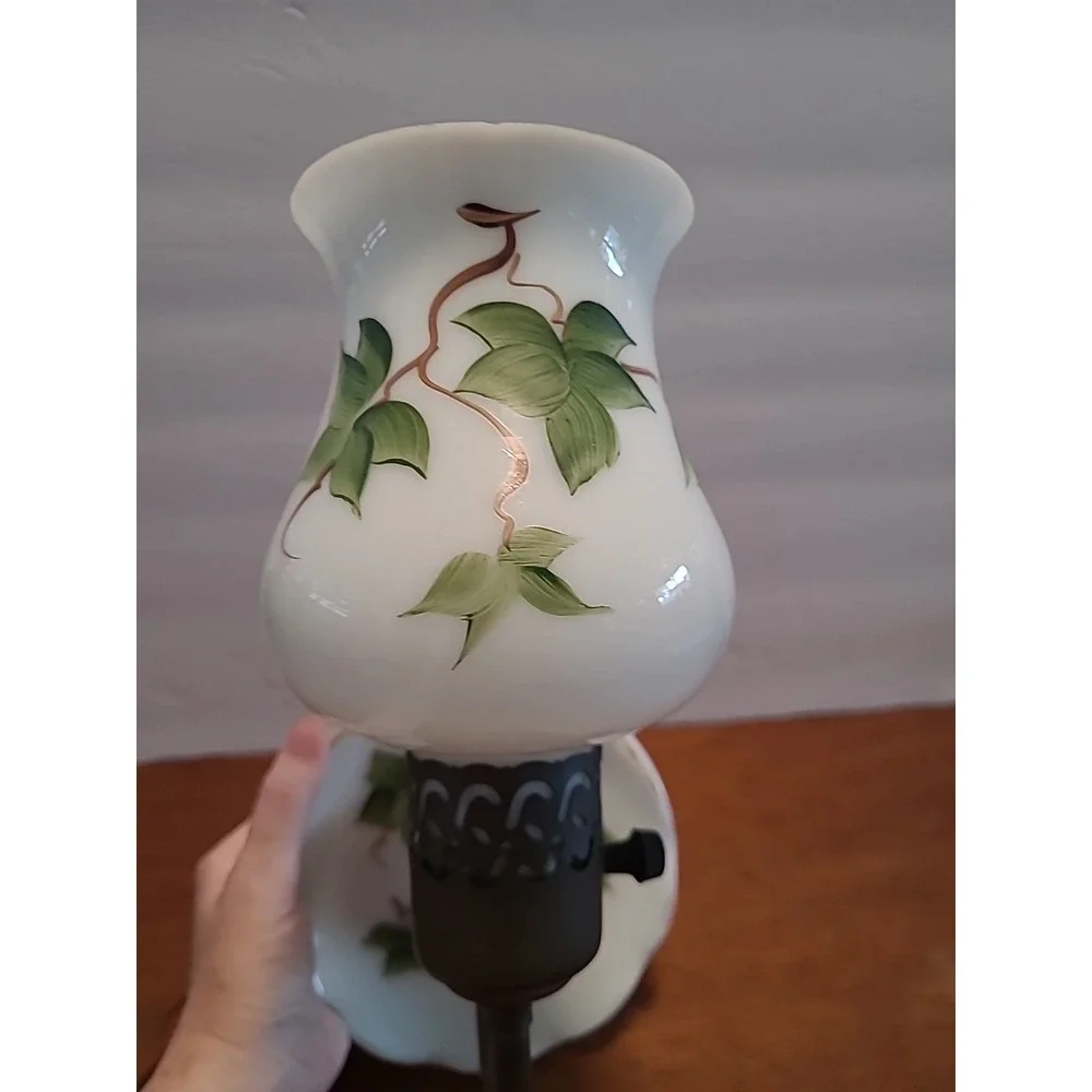 Vintage Ivy Hand Painted Milk Glass Wall Sconce Lamp Green Leaves Works